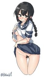 ass_visible_through_thighs bangs bar_censor black_eyes black_hair blue_skirt blush bow braid breasts censored clothes_lift collarbone cowboy_shot cropped_legs ebifurya eyebrows_visible_through_hair female grey_eyes groin hairbow highres isonami_(kantai_collection) kantai_collection lifted_by_self long_hair looking_at_viewer nipples no_bra no_panties open_mouth pink_bow pleated_skirt pubic_hair pussy school_uniform serafuku short_sleeves simple_background single_braid skirt skirt_lift small_breasts solo stomach sweat tears thigh_gap tied_hair twitter_username white_background