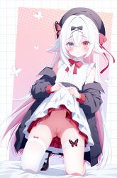 absurdres black_hat black_jacket black_shoes blue_eyes blush bow bowtie bug butterfly butterfly_hair_ornament center_frills character_request chinese_commentary closed_mouth clothes_lift colored_inner_hair commentary_request commission copyright_request dress embarrassed female frills garter_straps hair_between_eyes hair_ornament hat heterochromia highres jacket kneeling lifting_own_clothes long_hair looking_at_viewer multicolored_hair no_panties ohako_miyu open_clothes open_jacket pink_hair pussy red_bow red_bowtie red_eyes red_skirt shoes single_thighhigh skirt skirt_lift solo thigh_strap thighhighs underwear variant_set very_long_hair white_dress white_hair white_thighhighs x_hair_ornament