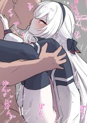 1boy absurdres bar_censor blue_archive blush censored commentary_request faceless faceless_male female glowing glowing_eyes grey_background hair_ribbon hairband halo hand_on_another's_neck highres holding_another's_legs jacket kei_(blue_archive) kei_(new_body)_(blue_archive) leg_up long_hair looking_at_another open_clothes open_jacket pale_skin pink_halo red_eyes ribbon sex straddling sweatdrop teik0p thighhighs upright_straddle white_hair white_jacket
