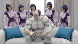 1boy 3d 5girls batesz black_hair breasts conquest_(invincible) dupli-kate female invincible invincible_vs male medium_breasts meme moustache multiple_girls piper_perri_surrounded short_hair white_hair