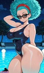 afro_hair ai_generated big_breasts blue_eyes blue_hair breasts bulma_(afro) bulma_briefs dragon_ball dragon_ball_z female female_only houseofwaifu huge_breasts milf milf_body mommy pool seductive seductive_smile slim_waist sunglasses swimsuit swimwear thick thick_hips thick_legs thick_thighs tinted_eyewear tiny_waist wide_hips wide_thighs