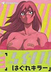 angry_eyes anime_style bandaid_on_nipples bandaid_pasties bare_shoulders black_pupils cleavage curvy detailed_background dildovsky dildovsky_ face_mask glaring h1nt_arhiv h1ntarhiv huge_breasts japanese_text kiri_(standoff_2) large_breasts long_hair maroon_hair masked neon_colors ninja nipples_covered no_iris pasties pink_background red_hair red_skin sharp_eyes standoff standoff_2 telegram_logo telegram_watermark text thick_thighs topless underboob very_long_hair vibrant_colors watermark white_eyes yellow_background