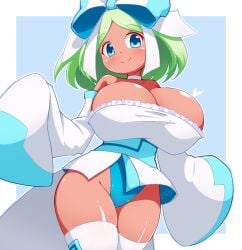 :d a-ktoo adapted_costume alternate_color alternate_color_scheme bikini blush breasts cleavage curvy detached_sleeves female frilled_bikini furisode huge_breasts moi_moi_(pop'n_music) official_alternate_color plump pop'n_music skirt sleeves_past_fingers smile thick_thighs thigh_highs thighhighs voluptuous wide_hips