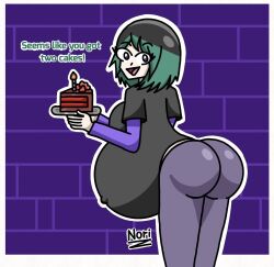 big_ass big_belly big_breasts cake clothed green_hair ninja_nori popped_navel pregnant pregnant_belly pregnant_female super_belly