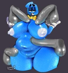 4_penises balls balls_fondling belly big_balls big_breasts blue_blush blue_body blush bowtie candy_humanoid chubby chubby_female dark_eyelids disembodied_penis eyeshadow female floating_head food_humanoid fupa glistening glistening_body gloves grey_penis hand_on_balls huge_breasts huge_cock hyper_penis looking_at_viewer multiple_penises noodle_arms oc original_character overweight overweight_female pac-man_eyes penis penis_on_face penis_on_shoulder penis_under_breasts soffee_(starrytidez) starrytidez thick_thighs toon toony toony_eyes vein white_gloves white_nipples white_tongue