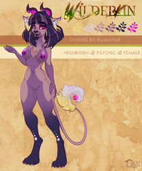 anthro better_version_at_source breasts chest_tuft claws facial_piercing female fluffy_ears hair horn markings navel nipples nose_piercing nose_ring pacevanrign piercing purple_eyes purple_hair purple_nipples pussy solo tuft wilderkin