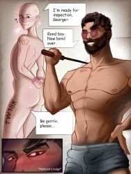 abs bald bald_male beard bearded big_arms big_male big_pecs blush blushing_male cocky cocky_smiles dialogue dominant domination enamored facial_hair gay gay_domination gay_male george_(character) hearts_around_head hunky imminent_anal imminent_sex light-skinned_male light_skin male male/male male_focus manly masculine_male muscles muscular muscular_male offering proud skinny skinny_male smiling sunglasses tan_skin tan_skinned_male tattoos thin tied_hands twink