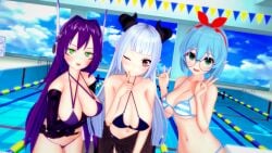 3d 3girls bikini black_bikini blue_hair blue_striped_bikini blue_striped_bra blue_striped_panties boobs breasts demon demon_girl demon_horns elf elf_ears elf_female elf_girl glasses green_eyes horn horns indie_virtual_youtuber keisha_callie keisha_callie_vt kirrie_ishida koikatsu oc original_character purple_bikini purple_hair red_eyes robot robot_girl roselynn_rosenthal silver_hair striped_bikini striped_bra striped_panties tits vtuber white_hair