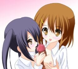 2girls azusa_nakano_(k-on!) blush human human_only k-on! open_clothes penis straight teamwork