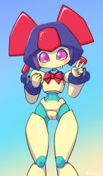 1girls brass_(medarot) female female_only light_blush medarot no_breasts no_mouth no_nose nude nude_female peace_sign pink_eyes pussy robot robot_girl solo solo_female t-t/u2 t_t_u2 vagina