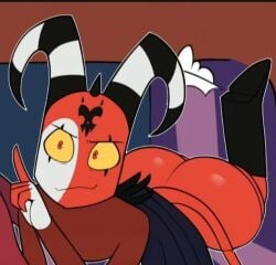 ass_cheeks ass_focus big_booty big_butt blitzo_(helluva_boss) booty butt_cheeks butt_focus cheeks cropped cropped_image dekoude fat_ass helluva_boss imp laying_on_stomach pansexual_male screenshot screenshot_from_video sexy solo solo_focus solo_male