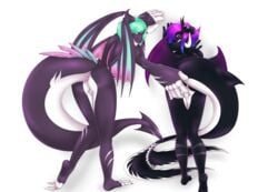 2017 anthro ass big_butt butt_grab cetacean dragon female fur hair hand_on_ass hybrid looking_at_viewer looking_back mammal marine multicolored_hair nude orca purple_hair purple_skin pussy sigoogle simple_background standing two_tone_hair whale wings yuri