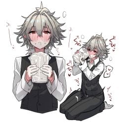 1boy black_pants blush command_spell commentary_request cum cum_in_container cum_in_mouth cup drinking fate/apocrypha fate_(series) gokkun grey_hair hair_between_eyes haoro heart highres holding holding_cup kneeling light-skinned_male long_sleeves looking_at_viewer male male_focus male_only multiple_views pants red_eyes seiza shirt sieg_(fate) simple_background sitting socks solo spoken_heart sweat vest white_background white_shirt