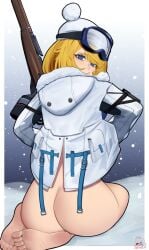 1girls ass ass_focus back back_view barefoot beanie blonde_hair blue_eyes bottomless closed_mouth darkpulsegg eyewear eyewear_on_head feet female female_only girls'_frontline girls'_frontline_2:_exilium goggles goggles_on_head gun hat holding_weapon jacket looking_at_viewer looking_back mosin-nagant mosin-nagant_(girls'_frontline) mosin-nagant_(girls'_frontline_2) rifle soles toes weapon