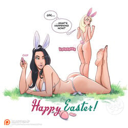 ? ass barefoot big_ass bikini black_hair black_nails blonde_hair blush breasts bunny_ears cleavage dat_ass dialogue duo easter egg_vibrator english_text evelina_le_fey fake_animal_ears feet female female_only green_eyes hairband holidays huge_breasts human kneepits long_hair looking_back lying mole mole_on_breast nail_polish nancy_templeton on_stomach original_character remote_control_vibrator sex_toy side-tie_bikini sleepygimp sling_bikini soles speech_bubble text toenail_polish toes vibrator white_background