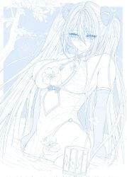 azur_lane blue_background blue_theme blush branch breasts china_dress chinese_clothes commander_kei commentary_request dress elbow_gloves female gloves hair_between_eyes highres kearsarge_(azur_lane) kearsarge_(springtime_monitoring)_(azur_lane) lantern large_breasts long_hair monochrome official_alternate_costume pussy simple_background solo twintails very_long_hair water
