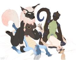 4_toes 5_fingers 5_toes absurd_res anthro areola bald bed belly big_breasts big_ears black_claws black_nose black_sclera blonde_hair blue_body blue_scales blue_vulva blush braided_hair breasts brown_areola brown_body brown_ear_tips brown_fur brown_nipples brown_nose brown_pawpads brown_vulva canid canine cett_(coldmanmoran) chest_tuft claws curling_toes digital_media_(artwork) dipstick_ears dipstick_tail dragon ear_markings ear_piercing ear_tuft erection eye_roll eyelashes facial_piercing feet female female_on_top fin fingers fluffy fluffy_hips fluffy_pussy fluffy_tail front_view fur furniture genitals gold_piercing gold_scales gradient_hair gradient_limbs green_body green_eyes green_nipples grey_body grey_claws grey_horn grey_scales gripping_bedding group hair hand_on_leg hand_on_thigh hi_res holding_partner holding_partner's_arm horn humanoid_genitalia humanoid_penis kneeling lizard long_hair long_tail looking_at_another lying male male/female mammal markings multicolored_body multicolored_ears multicolored_fur multicolored_hair mythological_canine mythological_creature mythological_scalie mythology nipple_piercing nipples nose_piercing nude on_back on_top on_top_of on_top_of_another open_mouth open_smile orange_eyes orgasm_face pangolin pawpads paws penis piercing pink_ears pink_hair pink_nose pink_tail_tip plantigrade pubes pupils purple_eyes reptile rhael_(rhaelrhaelrasputin) rhaelrhaelrasputin scale_markings scales scalie scuted_tail scutes simple_background skye_(rhaelrhaelrasputin) slit_penis small_breasts small_ears smile spikes spread_toes stripes tail tail_fin tail_markings tan_belly tan_body tan_ears teeth thick_thighs tied_hair toe_claws toes trans_(lore) tuft vulva werecanid werecanine werecreature werewolf white_body white_claws white_eyelashes white_fur white_hair white_pupils white_sclera yellow_eyes yellow_sclera