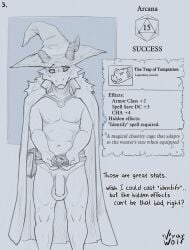 absurd_res anthro belt book broken_horn chastity_cage chastity_device cloak cloak_only clothing comic description dialogue dungeons_and_dragons flaccid front_view gameplay_mechanics genitals hasbro hat headgear headwear hi_res horn humanoid_genitalia humanoid_penis kobold magic_user male muscular muscular_anthro muscular_male penis scalie solo spellbook stats story story_in_description stylized_chastity_cage text vyarwolf wizard_hat wizards_of_the_coast