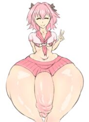 1boy 1femboy ass_body astolfo_(fate) bottom_heavy breasts breasts_out crop_top fate/grand_order fate_(series) femboy huge_cock huge_hips hyper hyper_hips hyper_penis leaking_cum light-skinned_male male male_only massive_hips mig3120 nipples peace_sign penis pink_hair solo thick_thighs thunder_thighs wide_hips