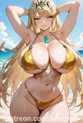 ai_generated bikini boobs_bigger_than_head breast_focus breast_slap breast_smack breasts_bigger_than_head bulging_breasts cleavage cleavage_overflow enormous_breasts gigantic_breasts huge_breasts imminent_sex light-skinned_female lumiram massive_breasts mythra_(xenoblade) sexism slap slapping slapping_breasts submissive_female