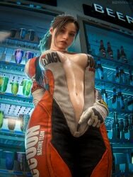 1girl 1girls 3d 3d_(artwork) black_hair blue_eyes bodily_fluids bodysuit capcom claire_redfield claire_redfield_(jordan_mcewen) elza_walker female female_focus female_only girl kothyaci looking_at_viewer motorcycle_suit pleasure_face ponytail resident_evil resident_evil_2 resident_evil_2_remake stripping unzipped unzipped_bodysuit wet wet_body wet_clothes wet_skin