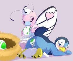 2017 beak blush butterfree camychan clothed clothing duo egg egg_laying female feral hi_res looking_back nintendo nurse pink_butterfree piplup pokemon pokemon_(species) pussy pussy_juice simple_background video_games wings