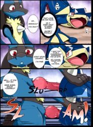 anal anal_sex anus blue_balls colored comic duo edit english_text erection fur gaping gaping_anus greninja heart highres kivwolf knot lucario male nintendo outdoors penetration penis pokemon pokemon_(species) red_eyes redoxx sex shocked testicles text yaoi