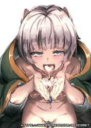 areolae blue_eyes breasts cape cum cum_in_mouth cum_on_body cum_on_tongue cum_on_upper_body eyebrows_visible_through_hair female meteora_osterreich naked_cape navel nipples open_mouth pussy re:creators redcomet short_hair silver_hair small_breasts solo tongue tongue_out