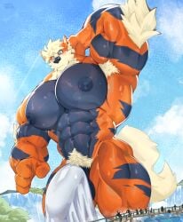 4_fingers abs anthro arcanine arm_tuft armpit_hair balls bara barazoku biceps big_balls big_muscles big_nipples big_pecs big_penis body_hair canid canine digital_media_(artwork) fingers fur furry generation_1_pokemon genitals group hand_behind_head heterochromia hi_res huge_cock huge_muscles huge_nipples huge_pecs humanoid_genitalia humanoid_penis hyper hyper_genitalia hyper_muscles hyper_pecs hyper_penis kori_(oinu_kori) macro male mammal micro mostly_nude muscular muscular_anthro muscular_male nintendo nipples oinu_kori orange_body outside partially_covered partially_covered_balls partially_covered_penis pecs penis pokemon pokemon_(species) pubes solo_focus towel_on_penis tuft waterfall wet wet_body yaoi