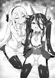 2girls absurdres aris_(armed)_(blue_archive) aris_(blue_archive) blue_archive bukkake commentary_request covered_nipples cum cum_on_body cum_on_clothes cum_on_hair cum_on_hands elbow_gloves facial gloves greyscale hair_between_eyes halo heart henry_bird_9 highres kei_(blue_archive) kei_(new_body)_(blue_archive) leotard long_hair long_hair_between_eyes looking_at_viewer monochrome multiple_girls necktie official_alternate_costume one_eye_closed open_mouth panties rectangular_halo sitting striped_clothes striped_panties thighhighs twintails underwear very_long_hair