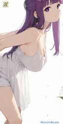 2d 2d_(artwork) ai_assisted ai_generated bangs bob_cut cleavage cleavage_cutout cleavage_overflow cleavage_window fern_(sousou_no_frieren) frieren_beyond_journey's_end hairclip large_breasts leaning_forward long_hair looking_at_viewer natural_breasts nightgown purple_eyes purple_hair see-through_clothes see-through_clothing side_view sideboob skirt sleeveless sleeveless_shirt slim_waist smiling smiling_at_viewer sousou_no_frieren tan_tumu viewed_from_side white_dress wide_hips