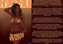 1girls aged_up bad_end brainwashed caption defeated defeated_heroine dmgart golden_bra golden_week hands_on_breasts hazel_levesque maniccc microskirt percy_jackson_and_the_olympians sex_slave skeletal_hand slave_girl wall_of_text