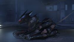 3d animal_genitalia anus blade_wolf canine_genitalia detailed_background feral genitals konami lying machine male metal_gear on_side robot robot_feral russy_(artist) solo