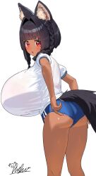 1girls adjusting_buruma adjusting_clothes animal_ear_fluff animal_ears ass black_hair blue_buruma blush braid breasts buruma commentary_request dark-skinned_female dark_skin female female_only from_behind gigantic_breasts gym_shirt gym_uniform hair_intakes highres hyper_breasts looking_back lulu_kamiya medium_hair mole mole_under_eye nanaushi open_mouth original panties panties_under_buruma panty_peek red_eyes shirt side_braids signature simple_background solo tail underwear white_background white_shirt wolf_ears wolf_girl wolf_tail
