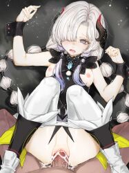 1boy boots breasts cityboy clothes_pull erection female grey_eyes hair_over_one_eye highres isekaijoucho kamitsubaki_studio nipples open_mouth pantyhose pantyhose_pull penis pov sex small_breasts solo_focus torogao twintails uncensored vaginal_penetration white_hair white_pantyhose
