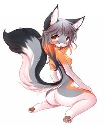 2017 anthro black_fur breasts canine crunchobar female fox fur kneeling looking_back mammal orange_fur pawpads pussy simple_background white_background white_fur yellow_eyes young