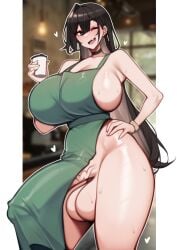 apron apron_only barista black_hair erection_under_apron futa_only futanari holding_drink huge_breasts huge_cock niwada_(unbeller) original standing unbeller