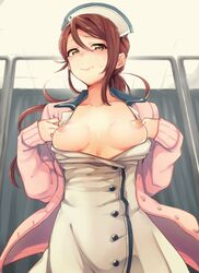 blush breasts commentary_request female hat ind-kary long_hair looking_at_viewer love_live! love_live!_sunshine!! nipples nurse nurse_cap red_hair sakurauchi_riko solo underwear underwear_only yellow_eyes