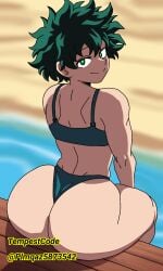 1boy 1femboy 2d beach big_ass big_butt big_thighs bikini boku_no_hero_academia crossdressing dark_skin digital_drawing_(artwork) femboy green_bra green_eyes green_hair green_panties looking_at_viewer looking_back male_bikini male_focus midoriya_izuku muscular ocean outdoors panties sand sea smirk swimsuit swimsuit_bottom swimsuit_top thong thong_bikini water