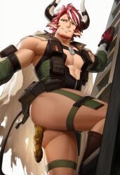 1boy abs ai-generated animal_ears anus arknights ass bara beard camouflage cape cow_boy cow_ears cow_horns cow_tail facial_hair feet_out_of_frame from_below gloves goatee horns humus_(arknights) large_pectorals looking_at_viewer male_focus mature_male multicolored_hair muscular muscular_male pectoral_cleavage pectorals pointy_ears red_hair scat shit shitting short_hair sidepec smile solo streaked_hair tail thick_eyebrows thick_thighs thighs torn_clothes turd turd_hanging_out white_hair