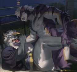 2026 absurd_res anthro anthro_on_anthro artist_name awaldkize between_legs black_clothing black_nipples black_topwear blue_eyes butt canid canine clothing dated duo eyewear fangs felid fur glasses grey_body grey_fur grin hair hi_res kneeling lying male male/male male_anthro mammal markings muscular muscular_anthro muscular_male nipples nude on_back open_mouth outside pink_nipples purple_body purple_fur red_eyes red_tongue round_glasses short_hair smile striped_arms striped_legs teeth text tongue tongue_out topwear white_body white_fur white_hair yellow_markings