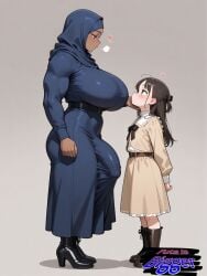 ai_generated big_balls big_breasts big_penis bulge_through_clothing flaccid flaccid_penis futa_with_female futanari hijab huge_breasts huge_cock muscular_futa penis_bulge