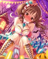 artist_request bare_shoulders blush boots bow breasts brown_eyes brown_hair castle cleavage dildo dress female ghost halloween hat idolmaster idolmaster_cinderella_girls idolmaster_cinderella_girls_starlight_stage medium_breasts mini_hat moon pumpkin ray-k solo thighs tied_hair tongue tongue_out totoki_airi twintails