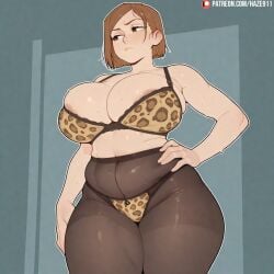 1girls ai_generated alternate_breast_size areola_slip breasts brown_eyes curvy hand_on_hip haze911 high-waist_pantyhose huge_breasts jujutsu_kaisen kugisaki_nobara leopard_print panties pantyhose plump short_hair sweat thick_thighs thighs underwear