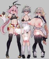 2boys animal_ears astolfo_(fate) astolfo_(saber)_(fate) bar_censor bare_shoulders bikini bikini_top_only black_bow black_gloves black_thighhighs blonde_hair blush bottomless bow bowtie braid braided_ponytail breasts censored commentary_request covered_nipples crop_top detached_sleeves erection fate/apocrypha fate/zero fate_(series) female full_body gloves grey_background grey_hair hair_between_eyes hair_intakes hairbow haoro headpiece heart heart-shaped_pupils highres huge_breasts huge_cock jeanne_d'arc_(fate) jeanne_d'arc_(ruler)_(fate) large_breasts large_penis long_braid long_hair long_sleeves looking_at_viewer multicolored_hair multiple_boys multiple_girls navel nipples oerba_yun_fang open_mouth penis pink_hair puffy_nipples purple_eyes rabbit_ears red_eyes shirt sieg_(fate) simple_background single_braid skin_fang smile socks standing steaming_body streaked_hair swimsuit symbol-shaped_pupils testicles thighhighs trap twintails two-tone_hair very_long_hair white_hair white_shirt