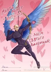1boy angel arrow_(weapon) balls black_body cock cupid gabriel_(ultrakill) gay harness helmet long_cock long_penis naked nipples pecs penis pinup russian_text solo ultrakill valentine's_day wings