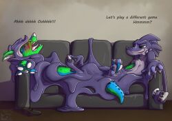 absurd_res anthro aver-art blue_body blush bound canid canine canis controller covering dialogue dingo dorbley duo english_text erection forced furniture game_controller genitals goo_bondage goo_covered goo_creature goo_encasement green_body green_eyes hi_res jayjay_idingo male male/male mammal nude open_mouth penis purple_body sex slime sofa text tongue