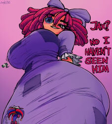 1boy 2girls 2girls1boy big_female big_hips blush breasts_bigger_than_body digital_drawing_(artwork) dominant dominant_female english_text flirting giant_female giant_milf giantess gigantic_breasts glitch_productions hands_behind_back huge_breasts huge_thighs jax_(the_amazing_digital_circus) jester_girl jester_hat large_breasts large_female looking_down looking_up pink_eyeshadow pomni_(the_amazing_digital_circus) ragatha_(the_amazing_digital_circus) ragdoll red_hair sector316 simple_background size_difference smothering smothering_breast stuck_in_clothes text the_amazing_digital_circus thick_breasts thick_thighs tight_clothing tight_dress trapped_in_breasts trapped_in_clothing