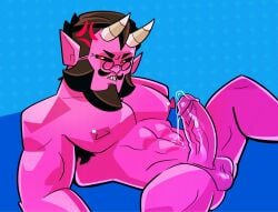 annoyed armpit_hair brawl_stars byron_(brawl_stars) cody_lane deformed facial_hair glasses horns looking_at_viewer male_only muscular naked pink_skin poorly_drawn precum yaoi