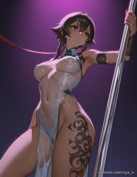 nyx_x ai_generated questionable 1girl solo breasts bangs blue_eyes brown_hair black_hair dress hair_between_eyes bare_shoulders jewelry medium_breasts sidelocks thighs cowboy_shot earrings parted_lips sleeveless dark_skin armpits white_dress covered_nipples dark-skinned_female see-through gradient gradient_background no_bra covered_navel tattoo no_panties sleeveless_dress chinese_clothes revealing_clothes china_dress pelvic_curtain short_hair_with_long_locks purple_background leash pasties leg_tattoo pole bare_hips stripper_pole